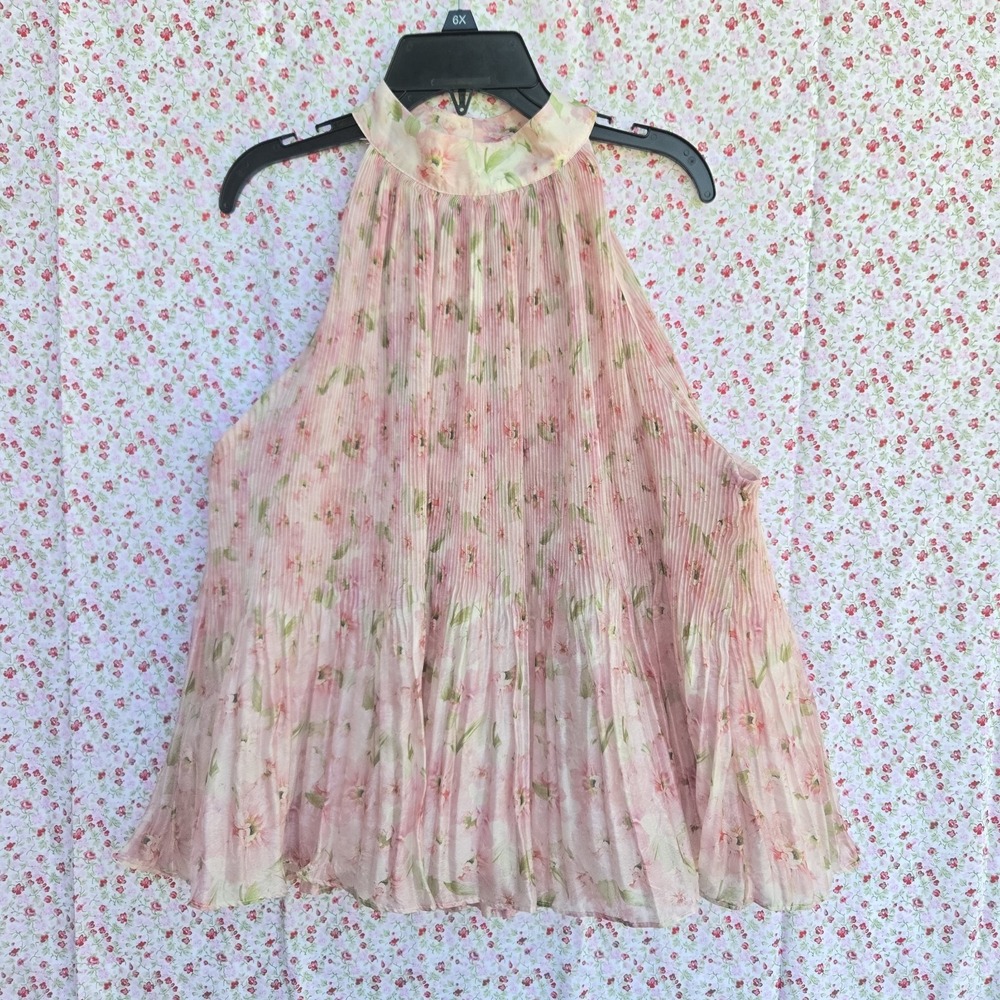 New Pink Floral Pleated Halter Neck Blouse Top Flowy Sleeveless Summer Beach L